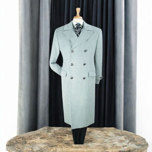 MEN'S VENO GIOVANNI 100% WOOL FULL LENGTH GREY DOUBLE BREASTED TOP COAT CB-7. - Picture 1 of 2